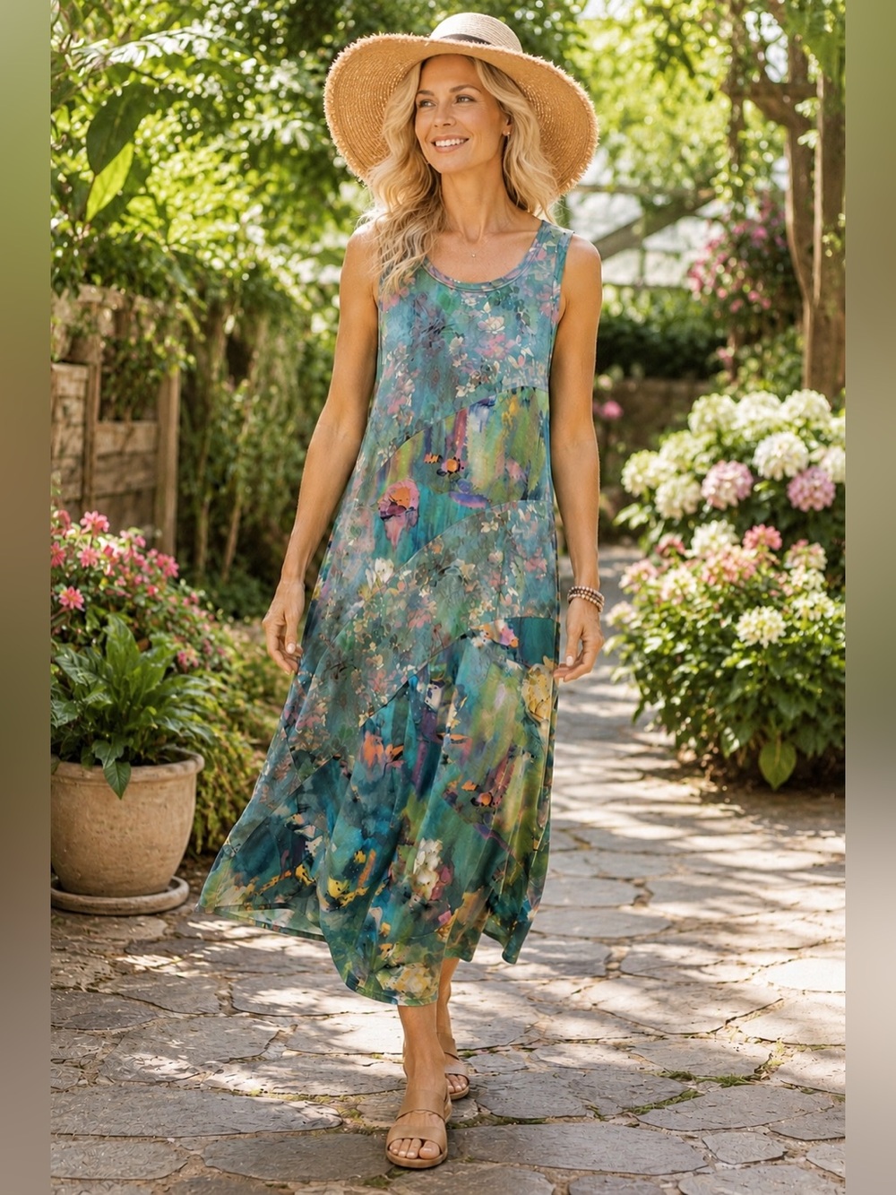 Soft Surroundings Santiago Lakeview Watercolor Tank Midi Dress PM Coastal Boho